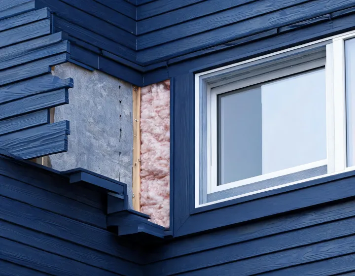 Cutaway of insulated window and siding wall assembly