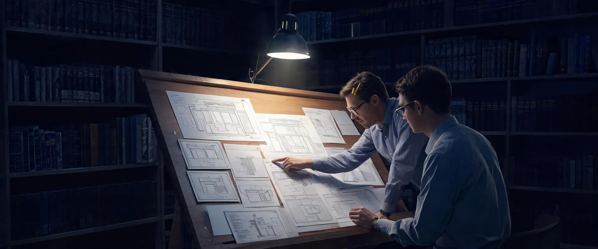 Engineers reviewing window specification sheets and CAD drawings